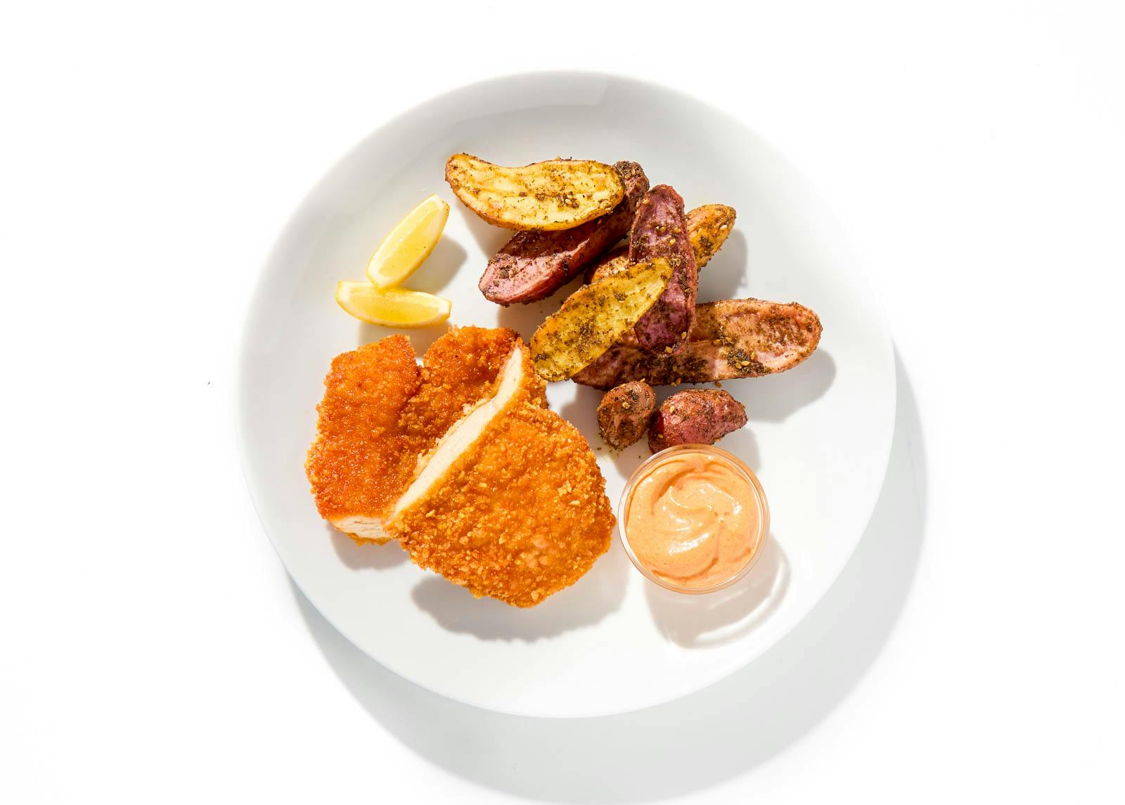 Crispy Chicken Cutlet with Za’atar Rainbow Potatoes